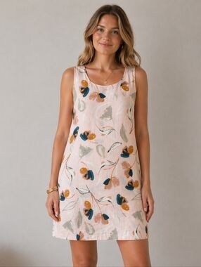 Rachel Zoe Watercolor 100% Linen Dress Size M Light Pink Sleeveless Coastal Chic